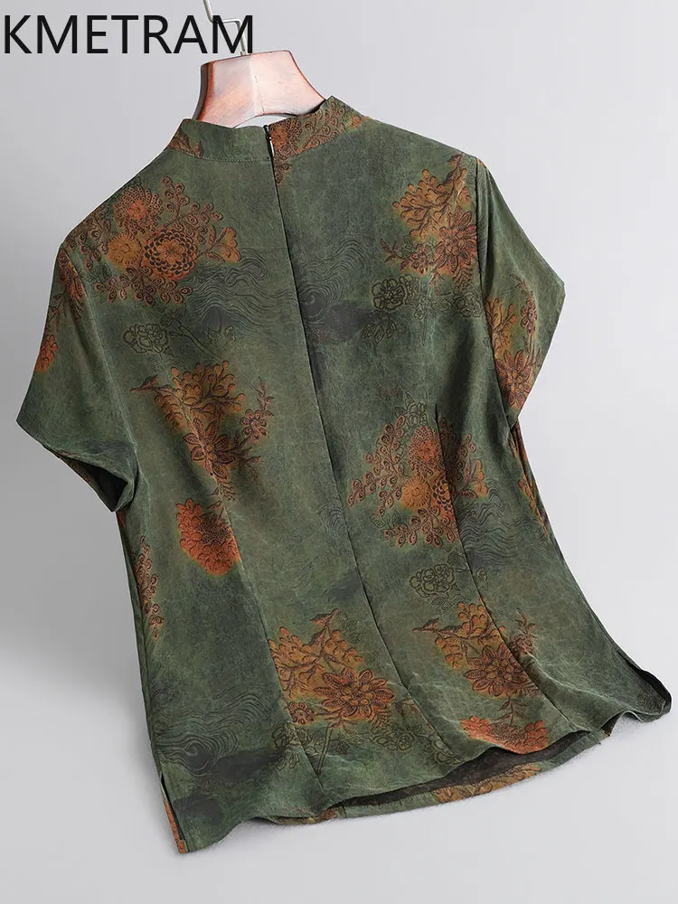 KMETRAM 100% Real Mulberry Silk Women Tops 2026 Summer Stand Collar Short-sleeved Floral Tops Elderly Female Clothing Ropa Mujer