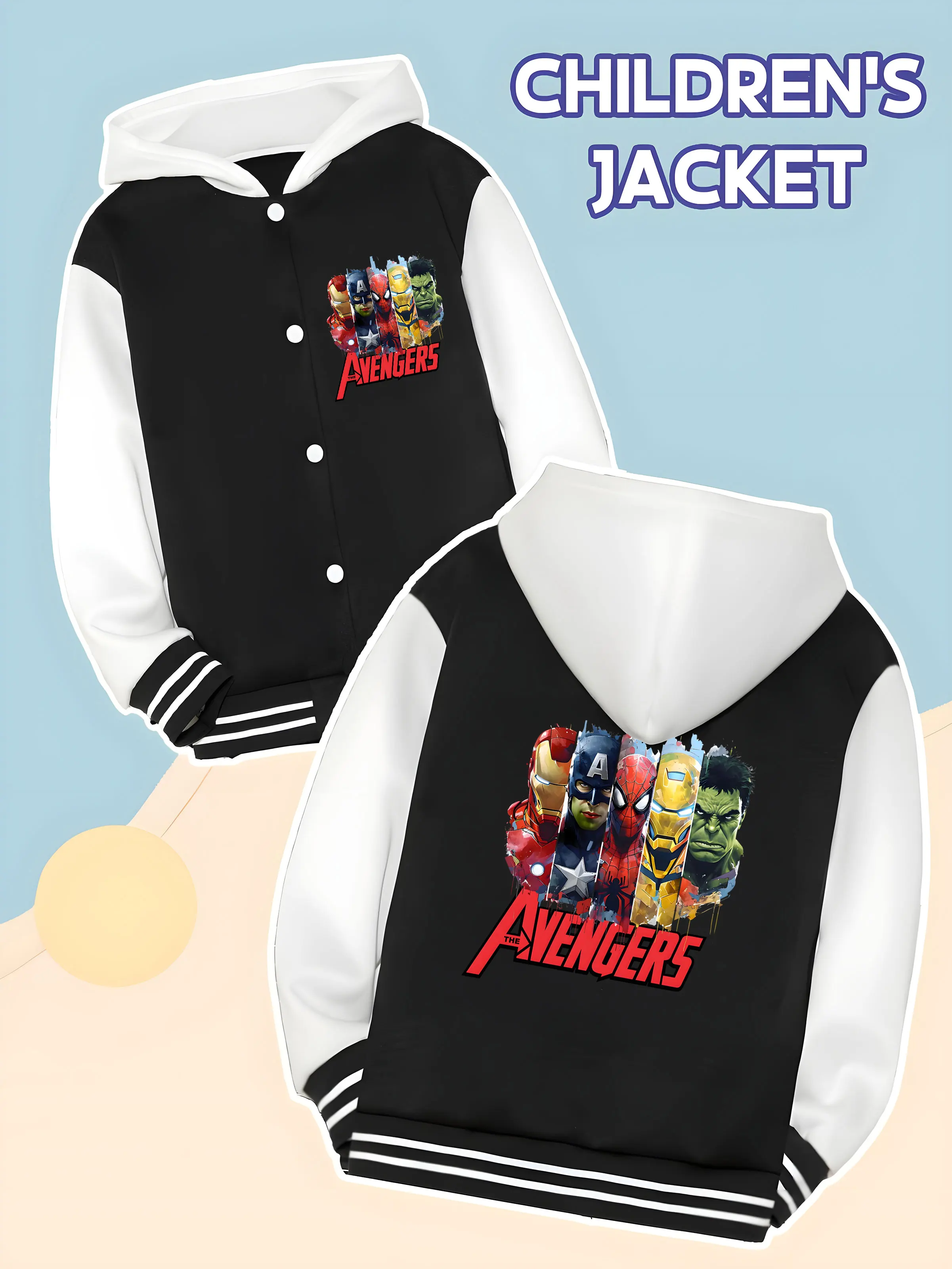 

MINISO Marvel Avengers Hero Silhouette Boys' Baseball Jacket - Avengers hero silhouette print, double-sided display of classic c
