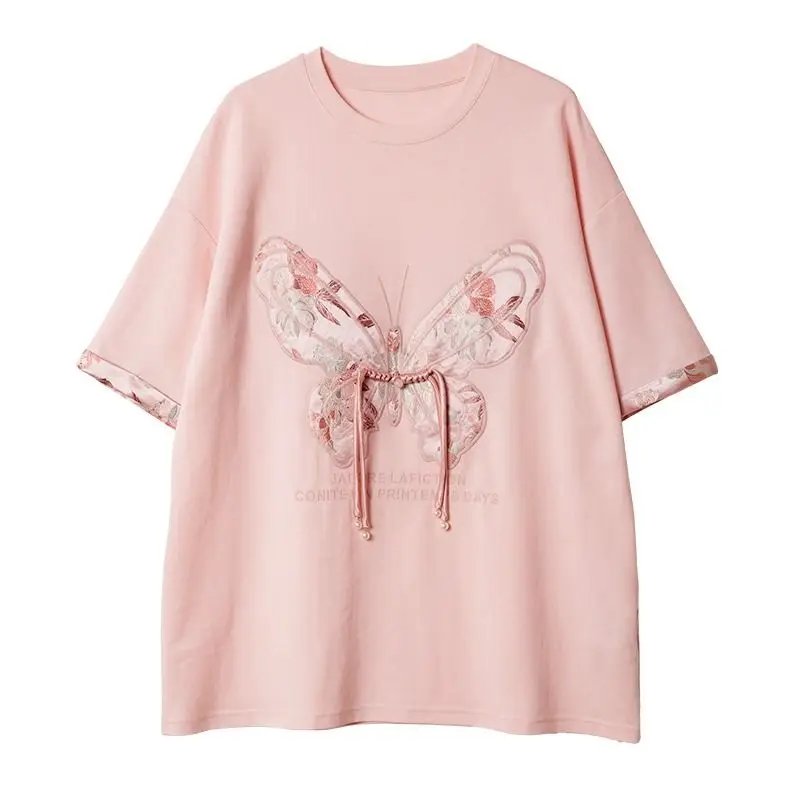 Korean Fashion Summer New Women's O-Neck Letter Embroidered Frog Temperament Casual Loose Short Sleeve Mid-length T-Shirts Tops