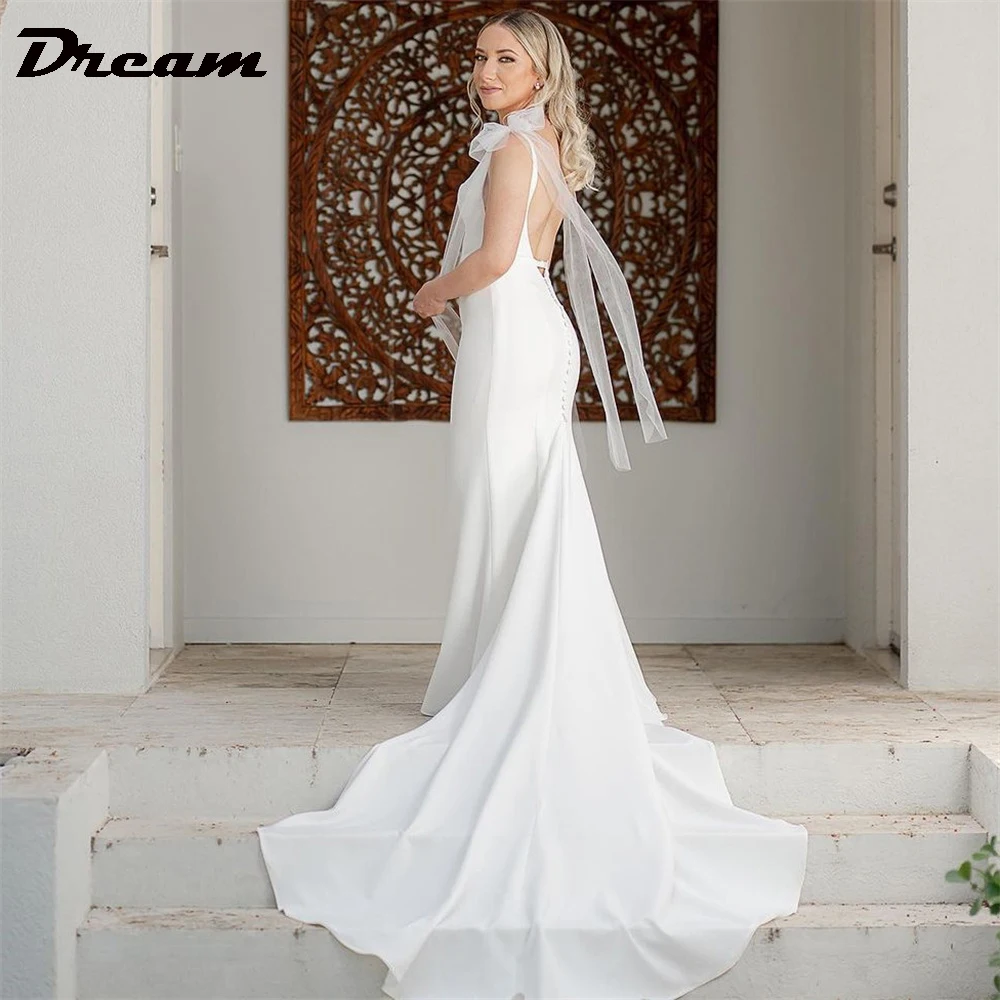 DREAM Customized Simple V-Neck Spaghetti Starps Crepe Mermaid Wedding Dresses 2024 Sexy Backless Selveless Ribbons Bridal Gowns