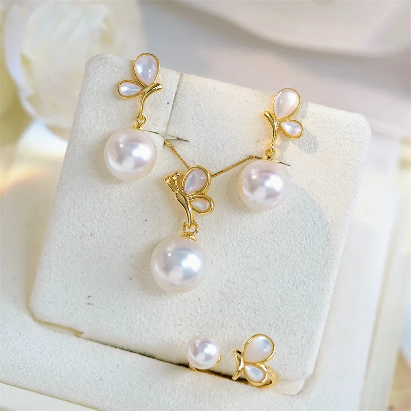 

Gold plated shell butterfly style AAA 7-8mm 8-9mm 9-10mm 10-11mm japan akoya white round pearl Open Ring earring pendant set