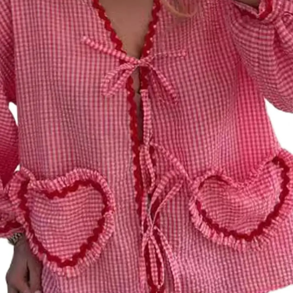 Vintage Women Loose Heart Pockets Shirts 2024 Fashion Ladies Casual V Neck Bow Buttons Blouses for Female Chic Tops Clothes