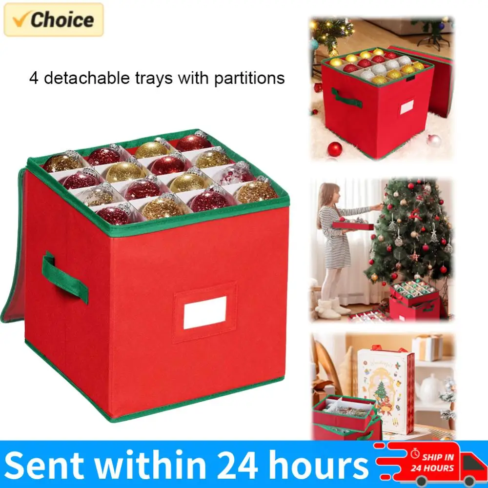 

Коробка для хранения рождественских украшений с регулируемыми разделителями, вмещает до 64 украшений