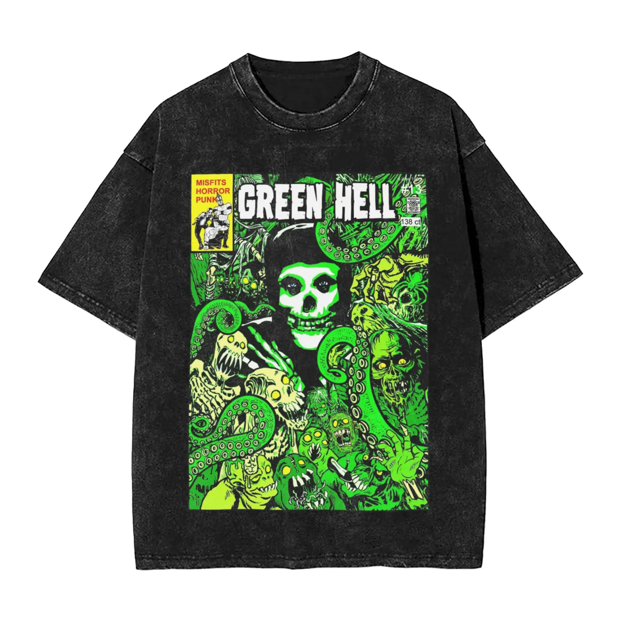 

Промытые футболки Misfits Green Hell в стиле хип-хоп, крутая футболка в стиле Харадзюку, уличная одежда, хлопковые топы с рисунком, футболки для мужчин и женщин