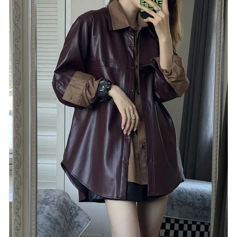 2024New Autumn and Winter Grape PurplePULeather Coat Women's Vintage Jacket All-Matching Shirt Fashion Suit