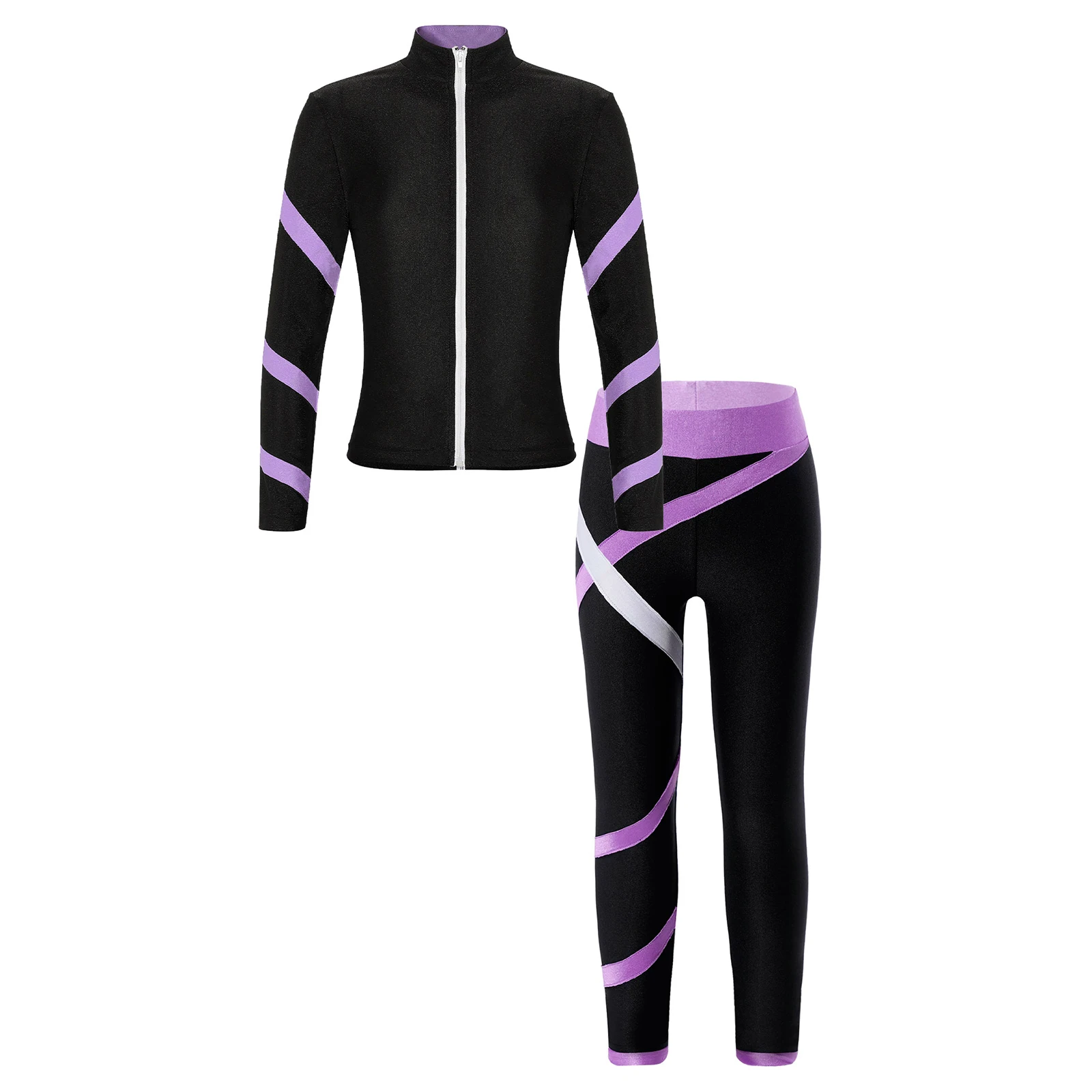 Costume de Patinage Artistique pour Fille, Veste à Manches sulfavec Fermeture Éclair sur le Devant, Pantalon Leggings pour Yoga, Course à Pied, Entraînement de Compétition Professionnelle