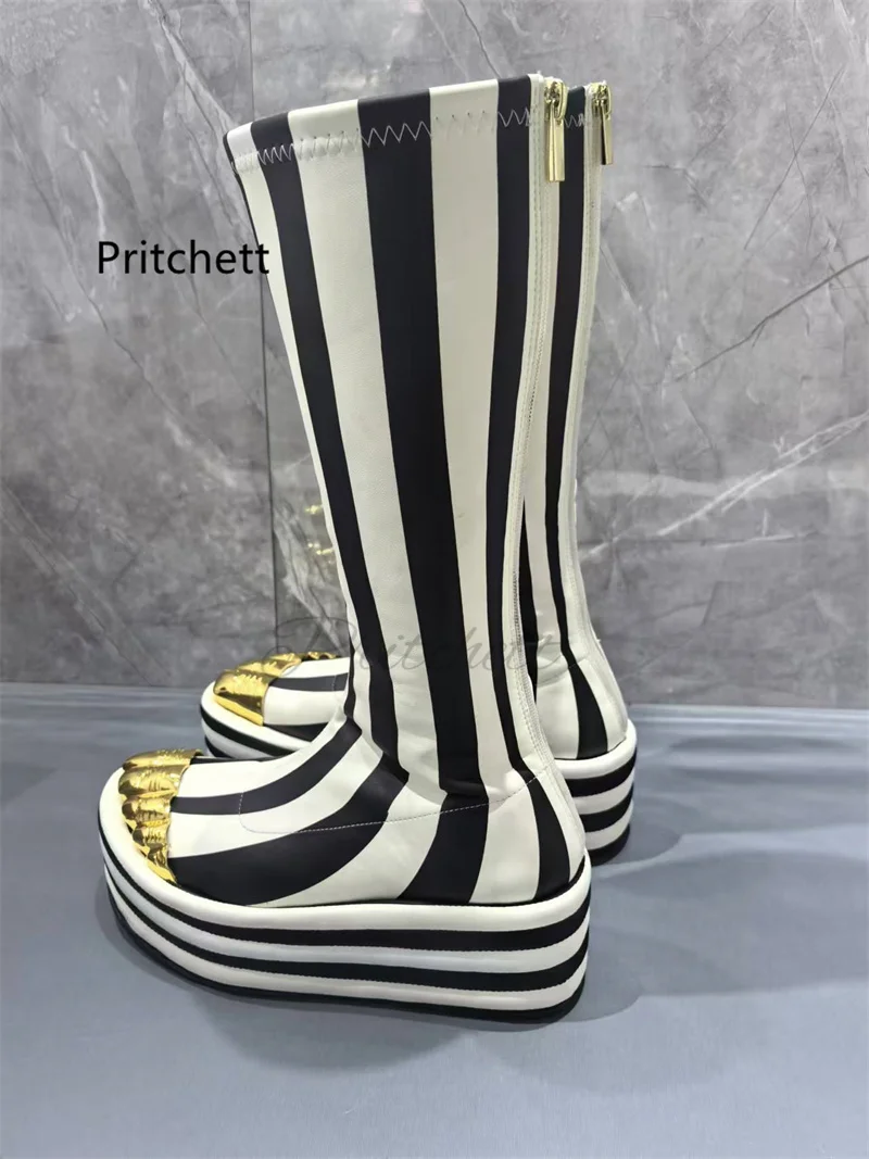 Gold Toe Thick Sole Platform Mid-Calf Boots Women Genuine Leather Black White Strip Height Increasing Zip Stretch Runway Boots