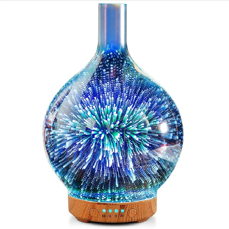 3D Fireworks Glass USB Air Humidifier and 7-Color LED Night Light Aromatic Oil Diffuser Cold Mist Fireworks Aromatherapy Machine