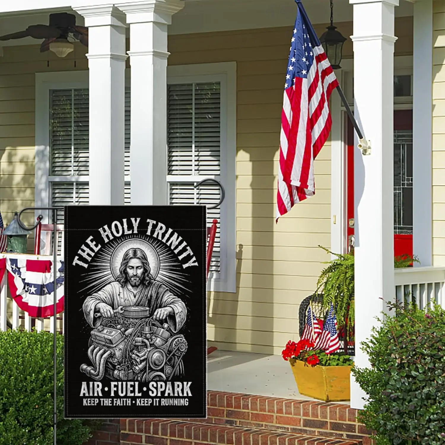 Holy Trinity Air Fuel Spark Keep The Faith Keep It Running Garden Flags,Yard Flag Double Sided Tapestry for Holiday Outdoor jjp