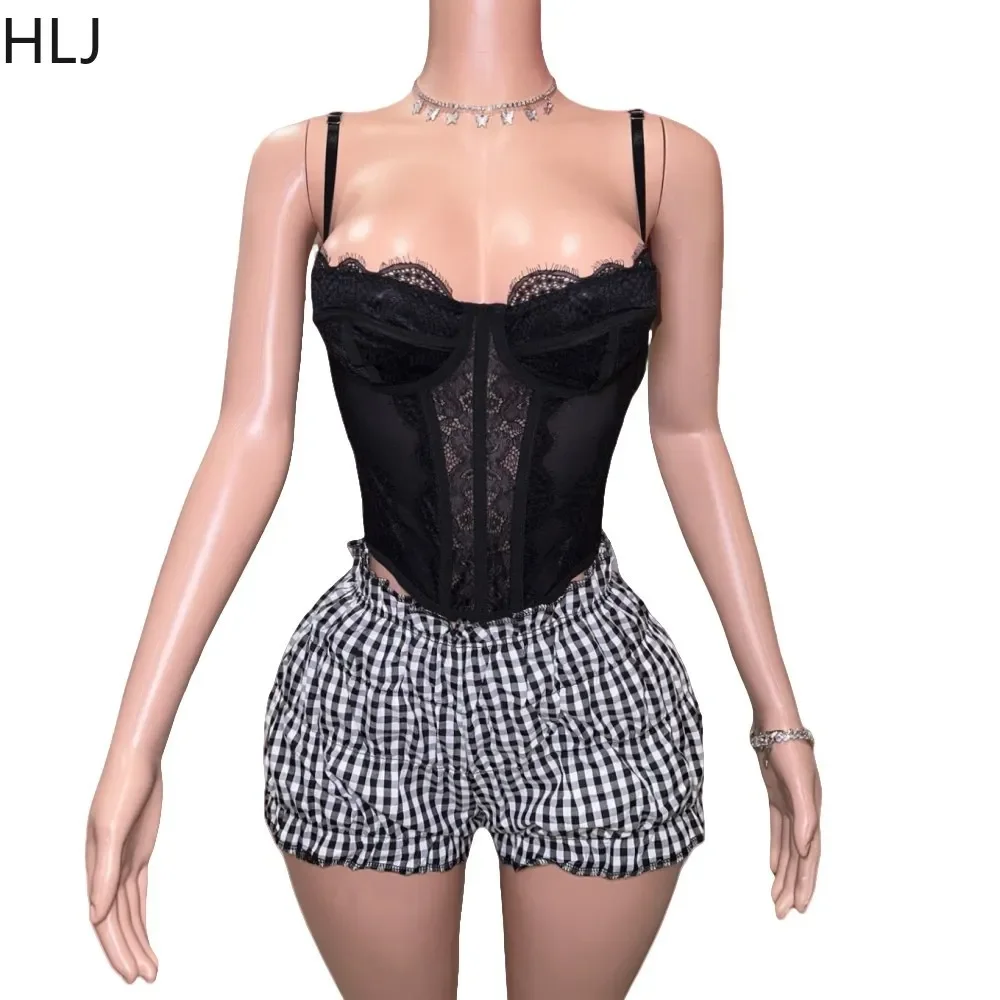 HLJ Y2K Black Sexy Lace Slim Tank Top Two Piece Sets Women Spaghetti Strap Vest And Plaid Ruched Shorts Outfits Y2K Streetwear