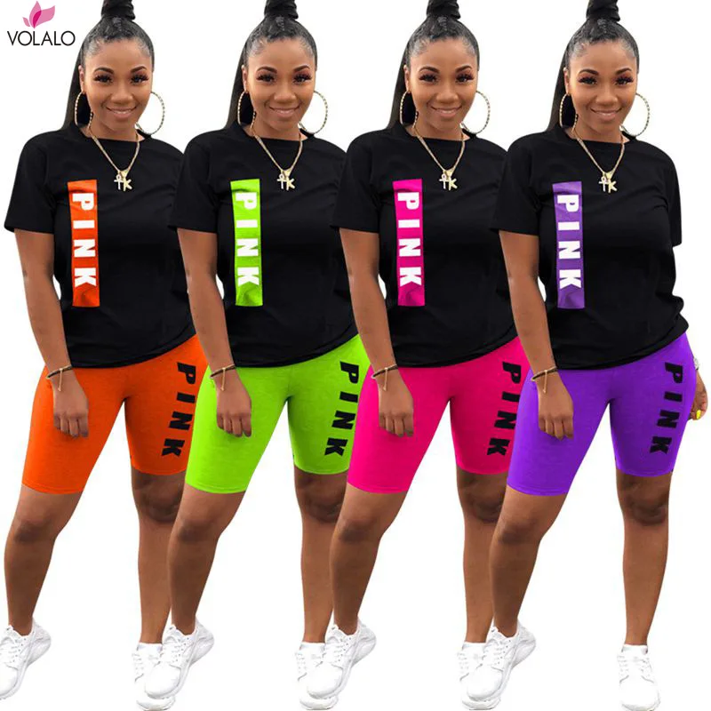 VOLALO  Letter Two Piece Outfits for Women Cute Pink Clothing T Shirt Shorts Sweat Suit Lounge Wear Matching Sets