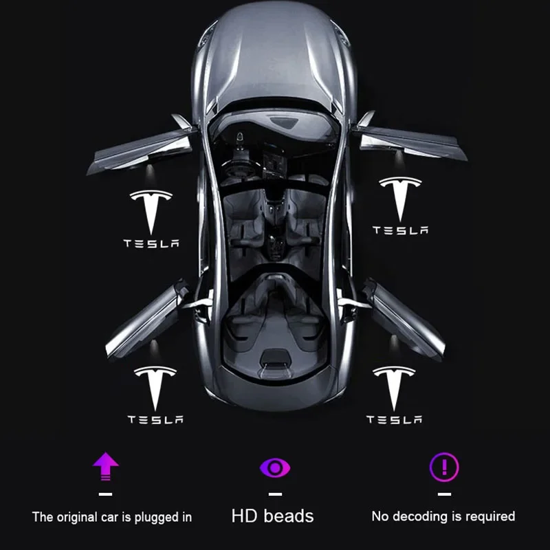 車のドア用LEDウェルカムライト,ゴーストライト,ロゴ付き,テスラモデル3,x,s,y,2016, 2017, 2018, 2019, 2020, 2021, 2022, 2023に適しています2個