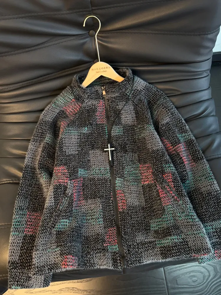 

Retro Korean Sle Plaid Heavyweight Stand Collar Sweatirt Women's Loose Street Sle Knitted Jaet Couple's Top