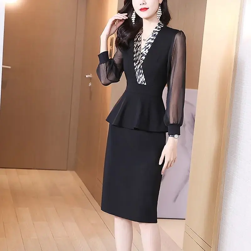 

Woman Fashion Black Midi Dress Spring Summer Gauze Long Sleeve Chic V-Neck Ruched Splicing Fake Two Piece Female Elegant Dresses