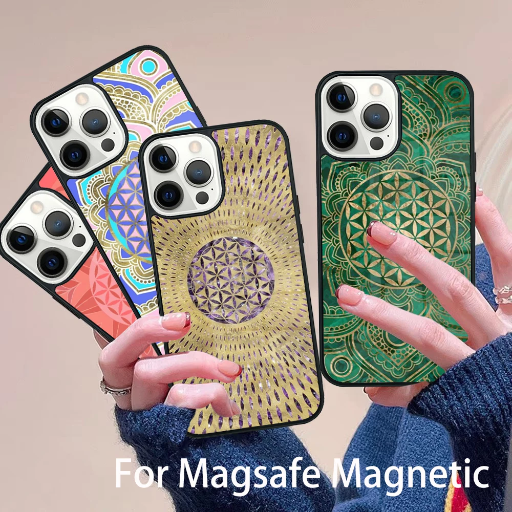 

Flower Of Life In Lotus Pastel Golds Phone Case Magesafe Magnetic Wireless Charge For IPhone 16 11 12 13 14 15 Pro Max Plus