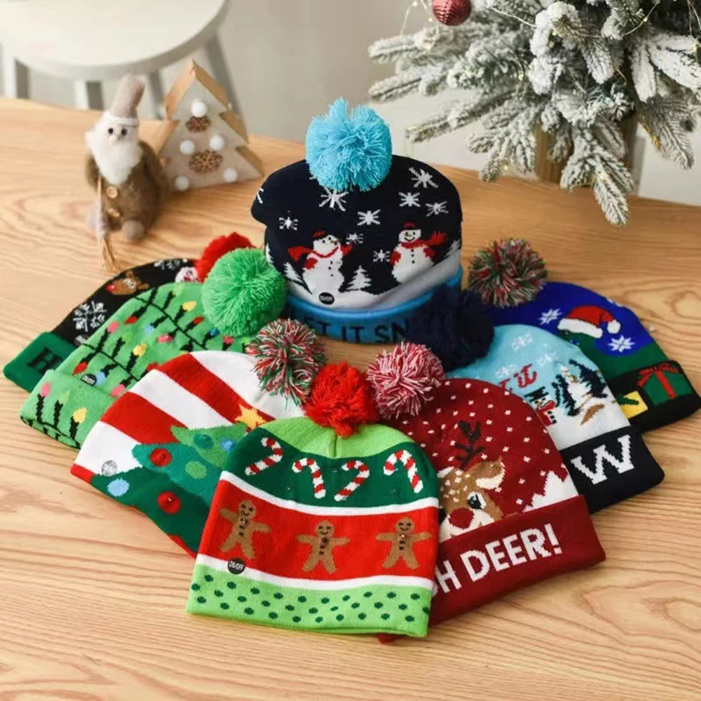 Christmas Led Hat New Year Cute Christmas Knitted Hats For Kids Adults Santa Hat With Led Navidad New Year Party Winter Gift