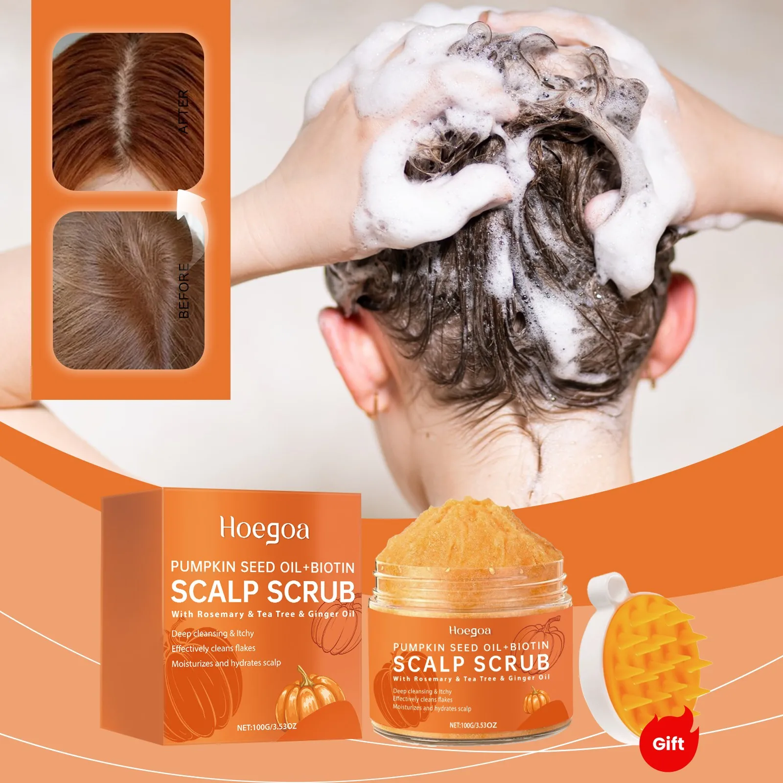 

Pumpkin Seed Oil Scalp Scrub Shampoo Massage Brush Gentle Exfoliation Deep Cleansing of Hair Follicles Oil Control Anti-Dandruff