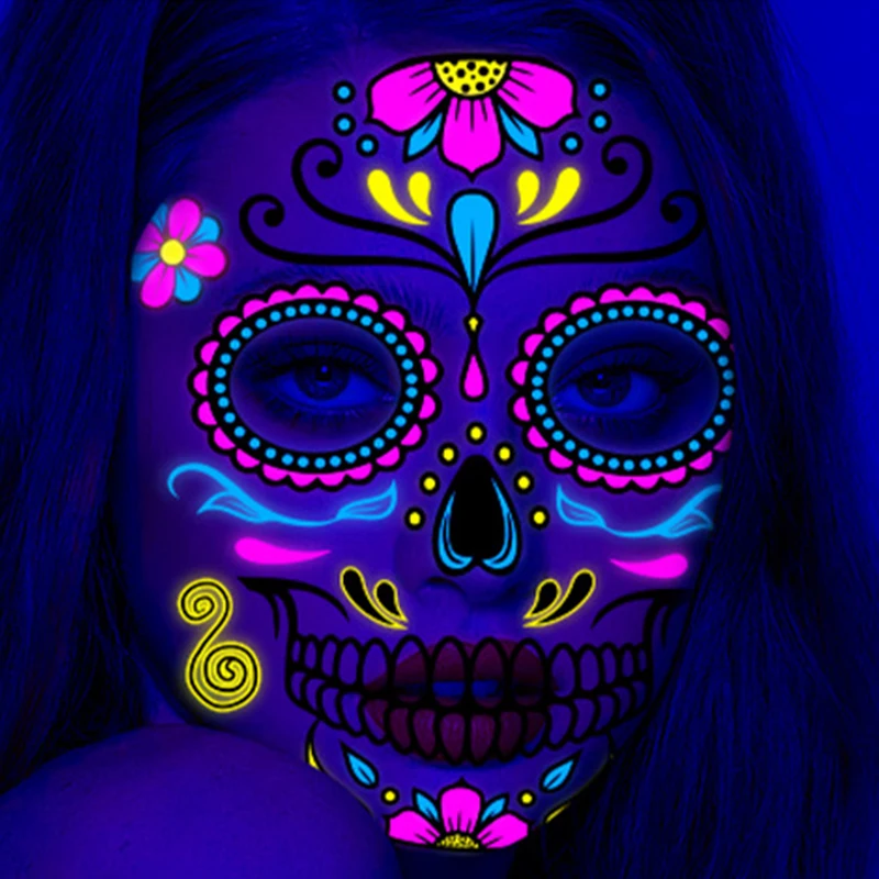 Adesivo fluorescente para halloween, tatuagem temporária, para festa, festival, festa, corpo, à prova d'água