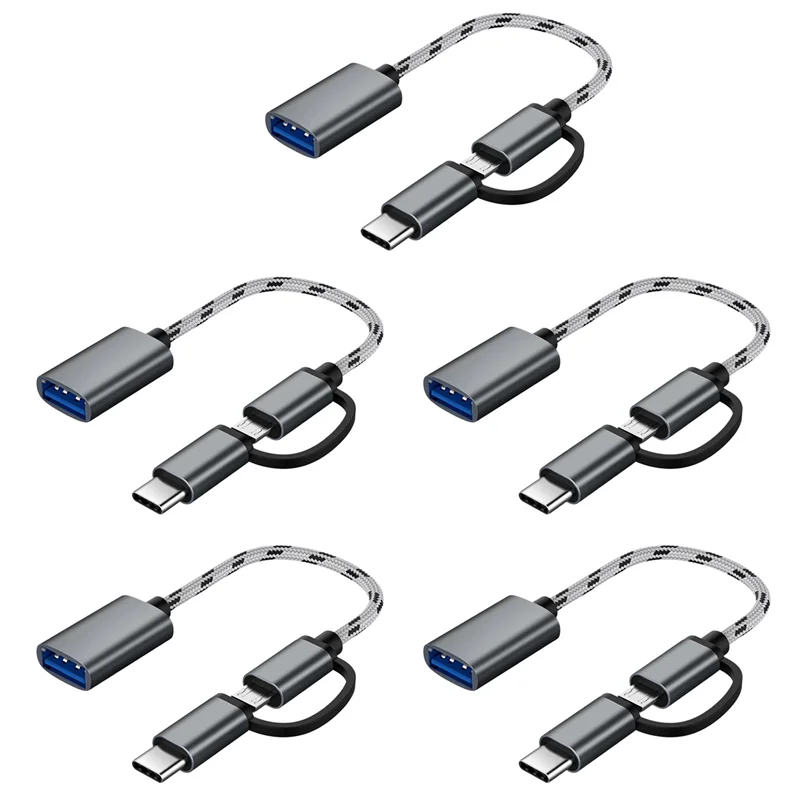【スーパーディール】5X 2 In 1 USB OTG ケーブル Type-C/Micro-USB - USB 3.0 アダプター編組設計データ転送ケーブル Andriod 電話用 (G)