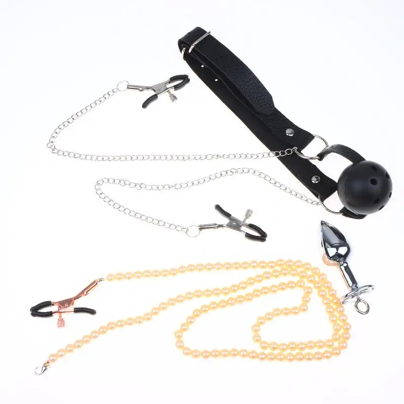 【AD】BDSM Anal Beads Butt Plug Mouth Gag Set Pearl Nipple Clamps With Chain Metal Breast Clip Bondage Slave For Women Sex Toy Kit view 6