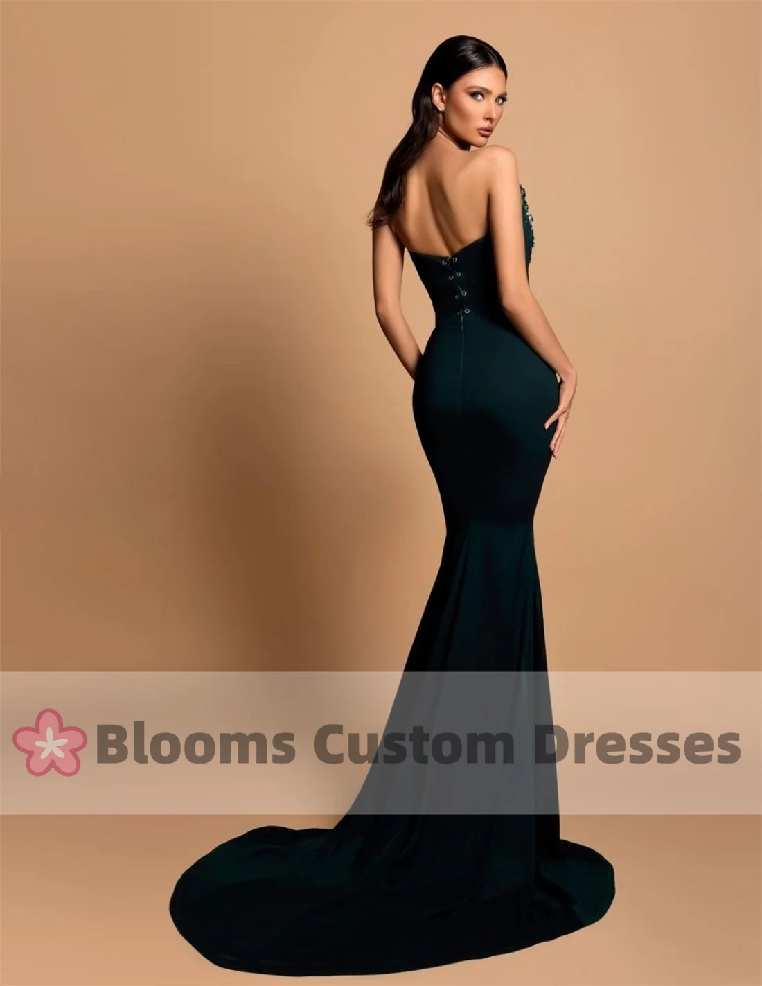 Customized Chic Neckline Rhinestone Mermaid Evening Dress Dark Green Crepe Sleeveless Prom Dress For Wedding robes invitée