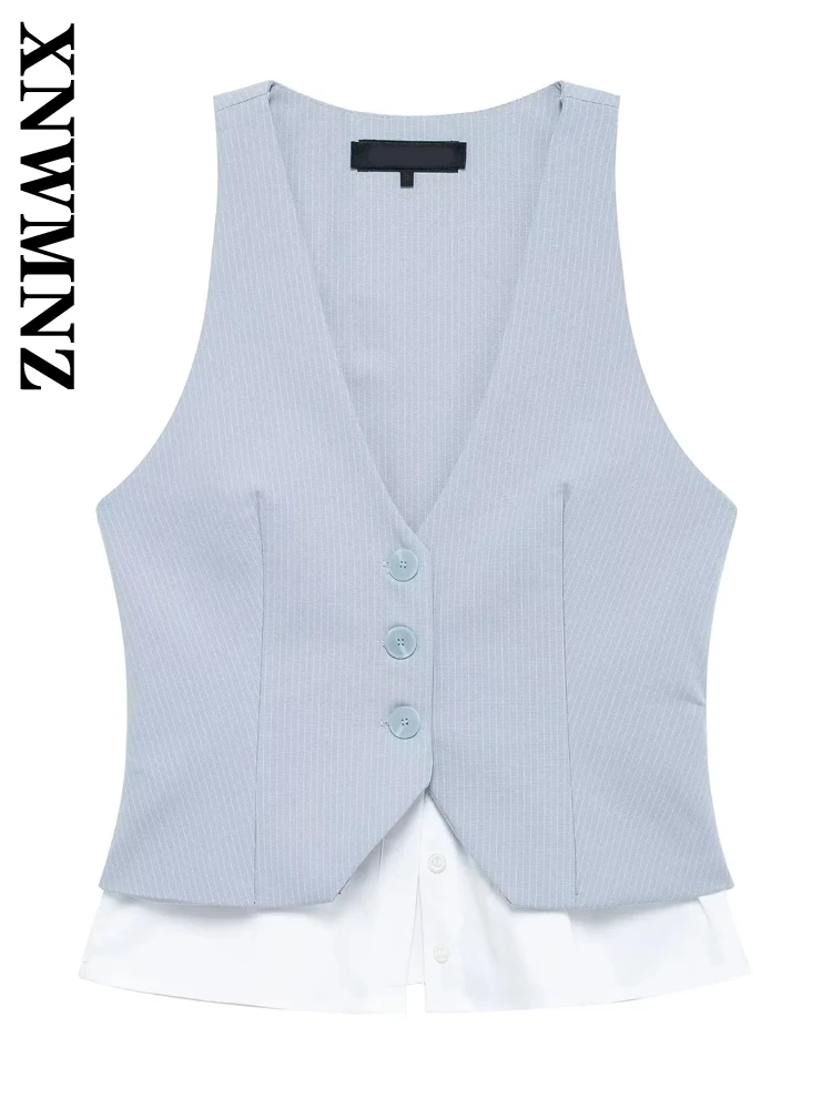 

XNWMNZ 2024, осенняя одежда, новый женский топ для поездок на работу, вечерние, весенний женский жилет без рукавов, жилет с оборками и v-образным воротником, сращивание