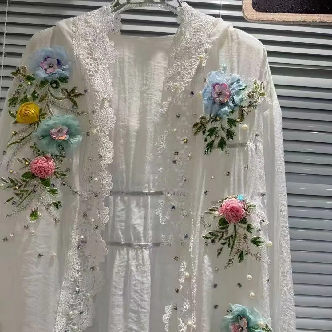 Breathable Cotton Blended White Hooded Sunscreen Shirts Blouses for Women's Lace Embroidery 3D Flowers Long Sleeve Cardigan Tops view 2
