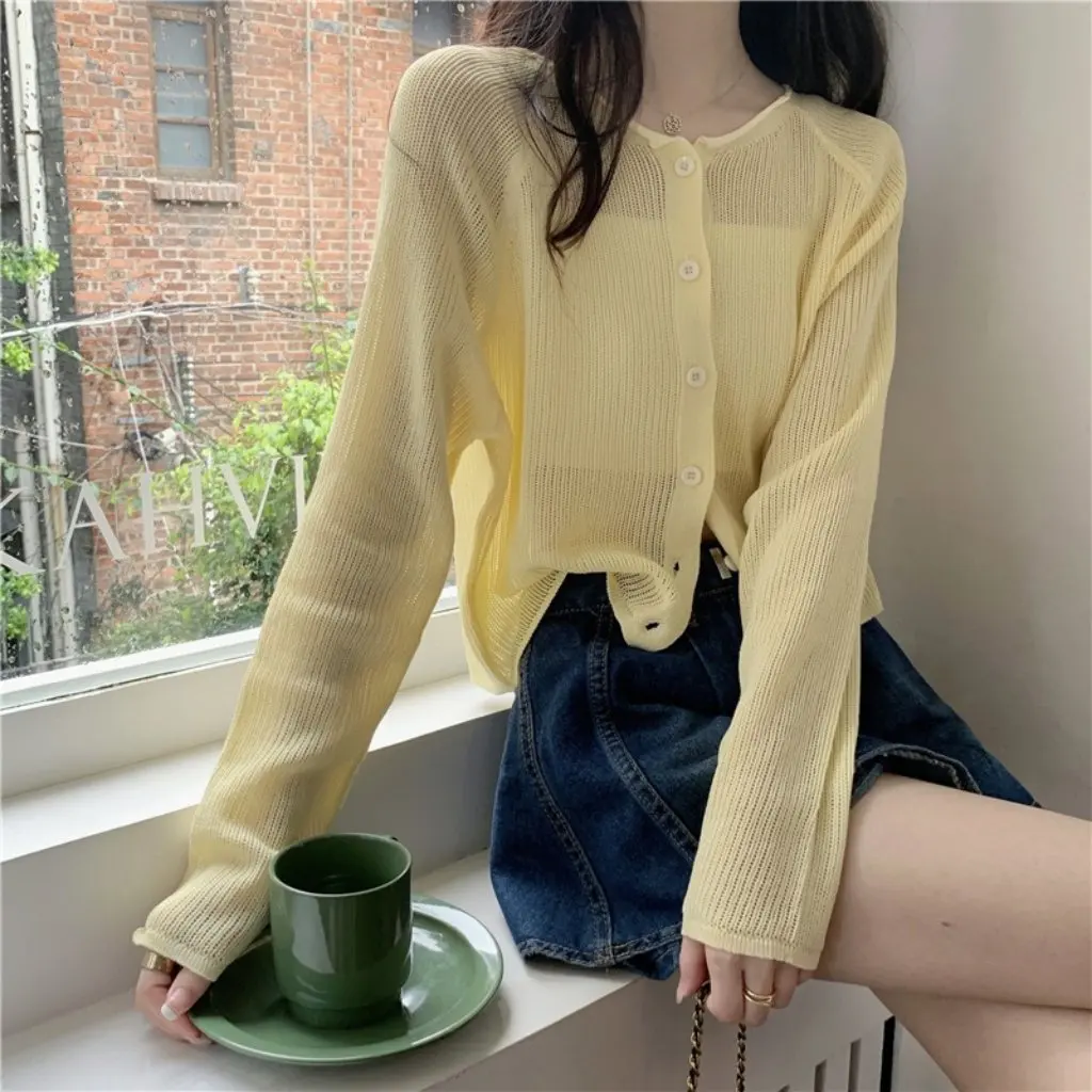 

Women's Yellow Ice Silk Knitted Cardigan Spring Summer Thin Sunscreen Blouse Air Conditioning Shirt Short Shawl Jacket Top
