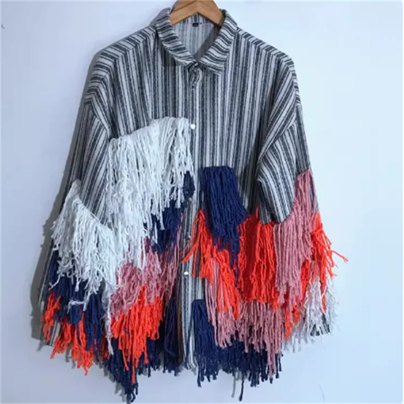 【custom】2024 Original design wool fringe decoration striped street shoot avant-garde ultra-loose shirt