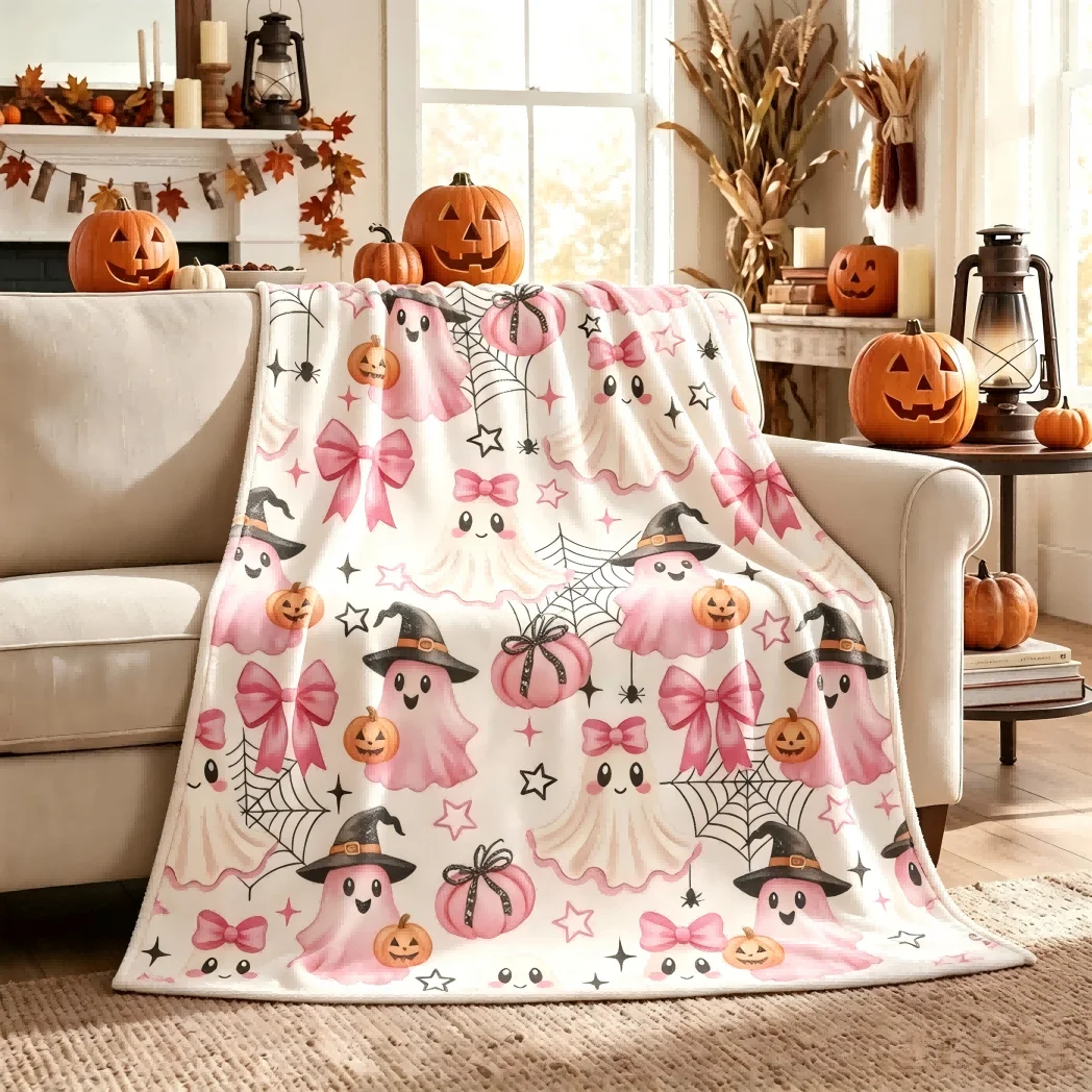 1pc Cute Ghost Cobweb Witch hat Blanket Gifts Halloween X-mas Flannel Blankets Women Men Festival Decoration Four Season Use