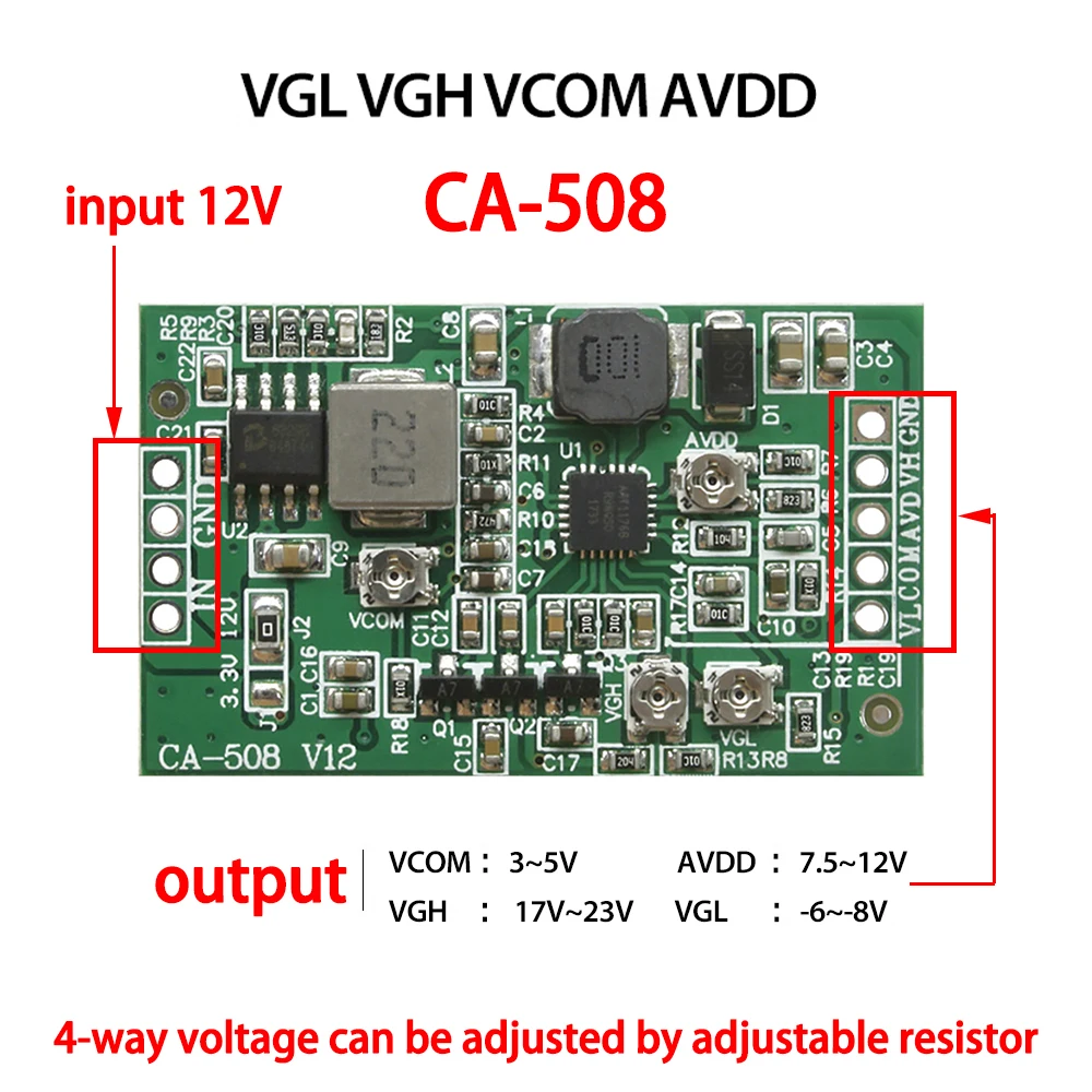 CA-408 CA-508 TV LCD Screen TCON Board Module Boost Board VGL VGH VCOM AVDD 4-way Adjustable Boost Module 3.3V 5V 12V Input