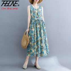 Vestidos De Mujer Summer Dress for Women Floral Print Cotton Linen Retro New Sleeveless Pullover A-line Loose Long Maxi Dresse