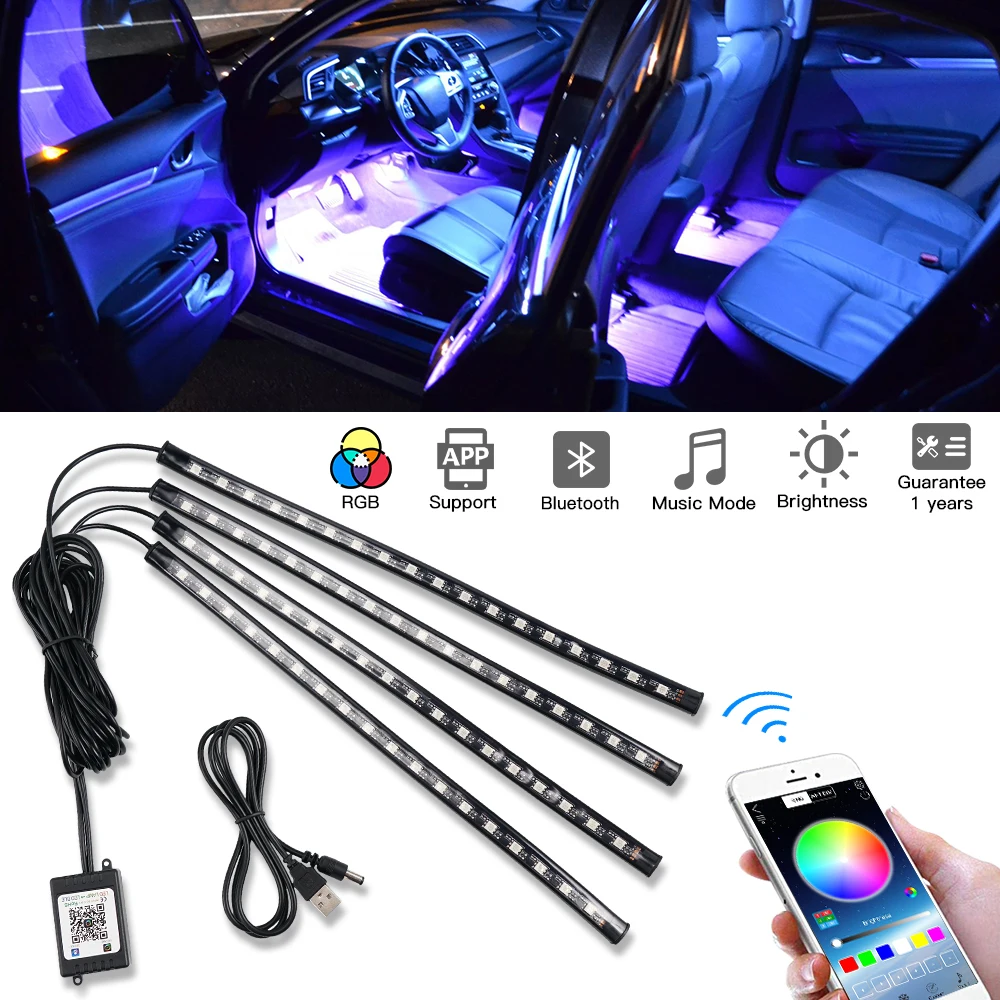 

Neon 36 48 72 LED Interior Ambient Strip Lights APP/Remote Control RGB Underglow Foot Atmosphere Decorative Strip Lamps 12V