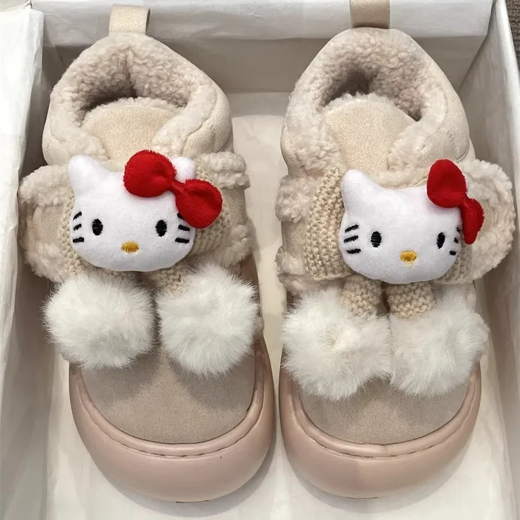 Sanrio Hello Kitty Women Cotton Shoes Cute Lolita Female Student Winter Velvet Thickened Warm and Sweet Bow Platform Snow Boots