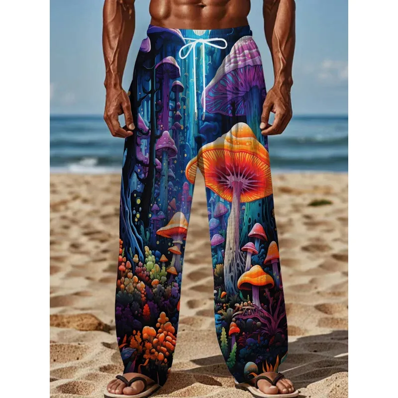 

Men'S Casual Straight Leg Pants 3D Mushroom Print Polyester Loose Fit With Drawstring Waist Summer Fashion Casual Pants