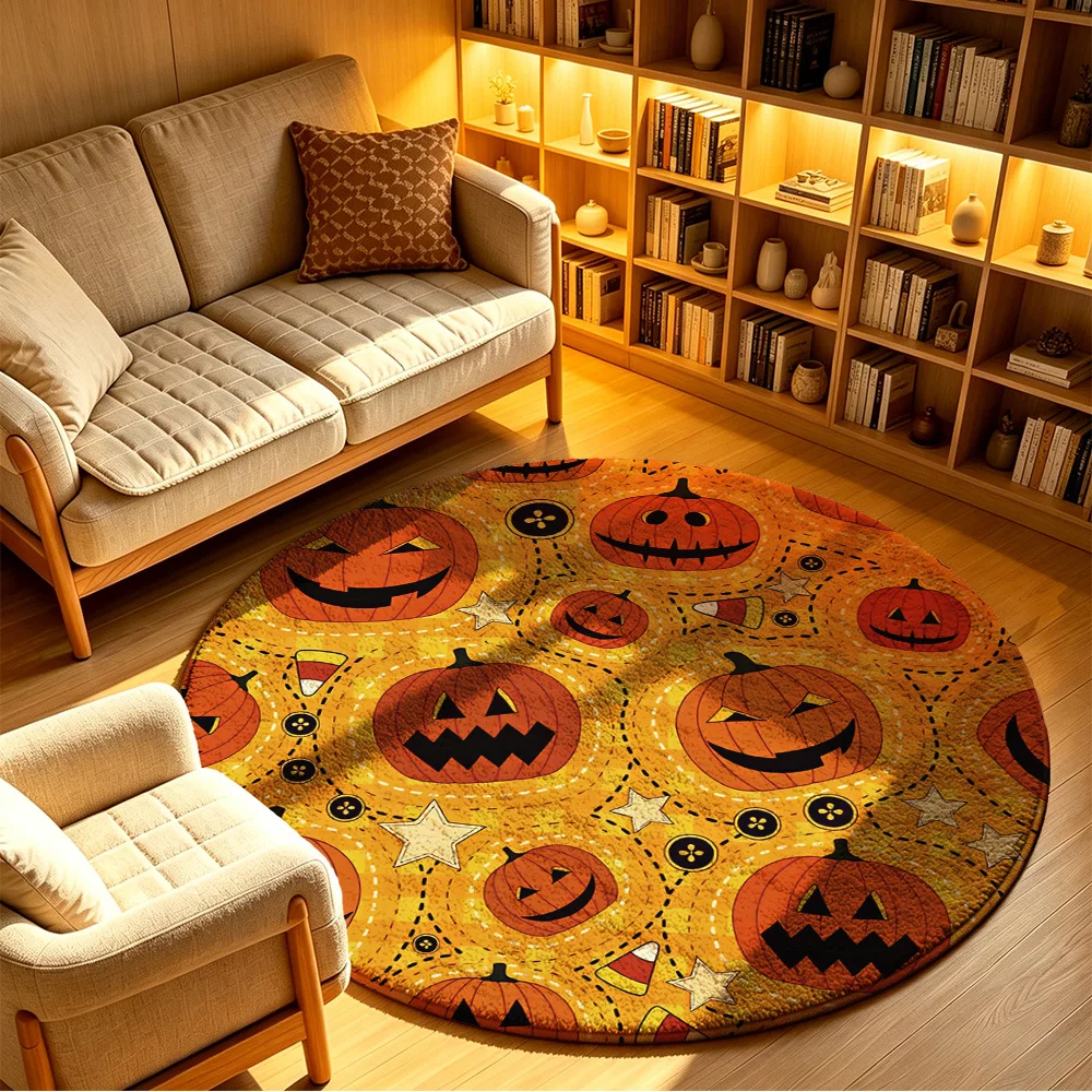 Halloween Round Floor Mat Non-Slip Washable Yellow Pumpkin Face Pattern Rug for Home Party Decor