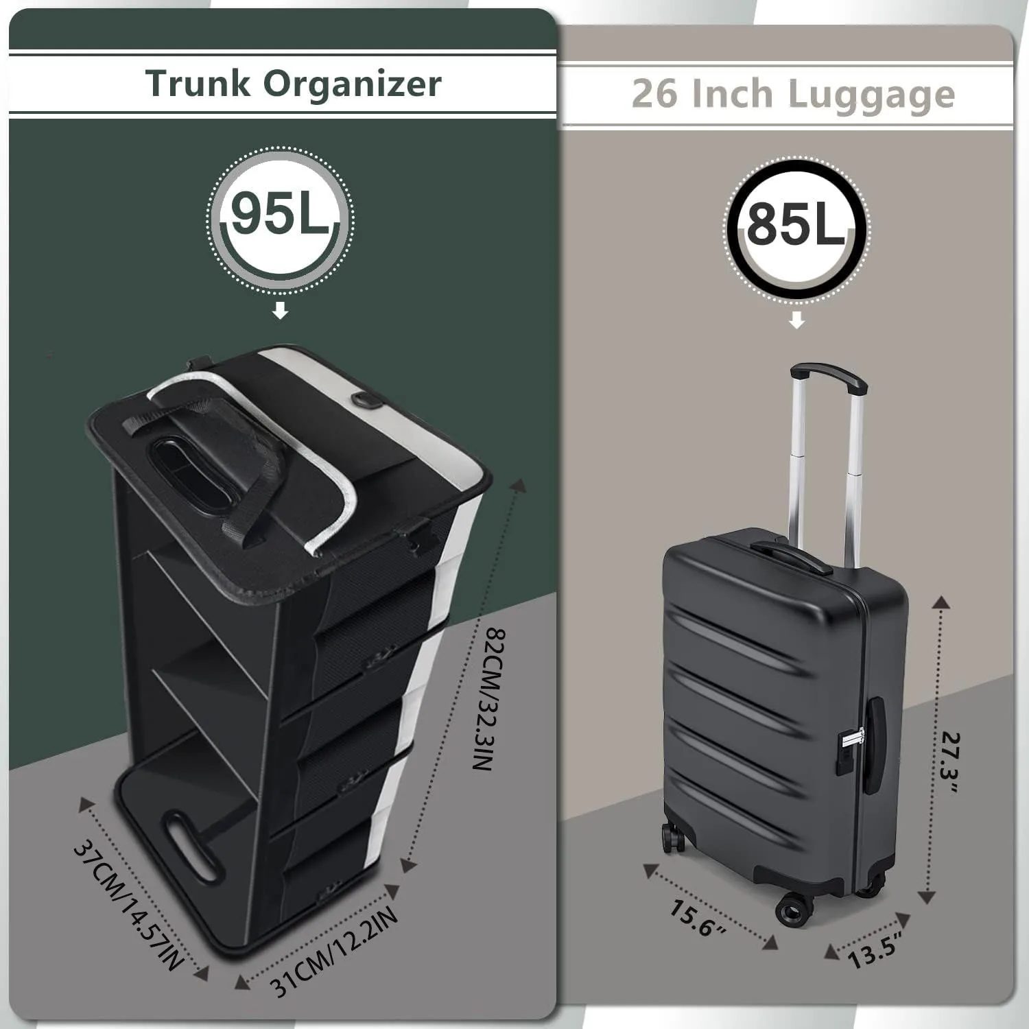 Trunk Organizer for Car, 95L Large Capacity Storage with Non-Slip Bottom Strips and 2 Retractable Straps