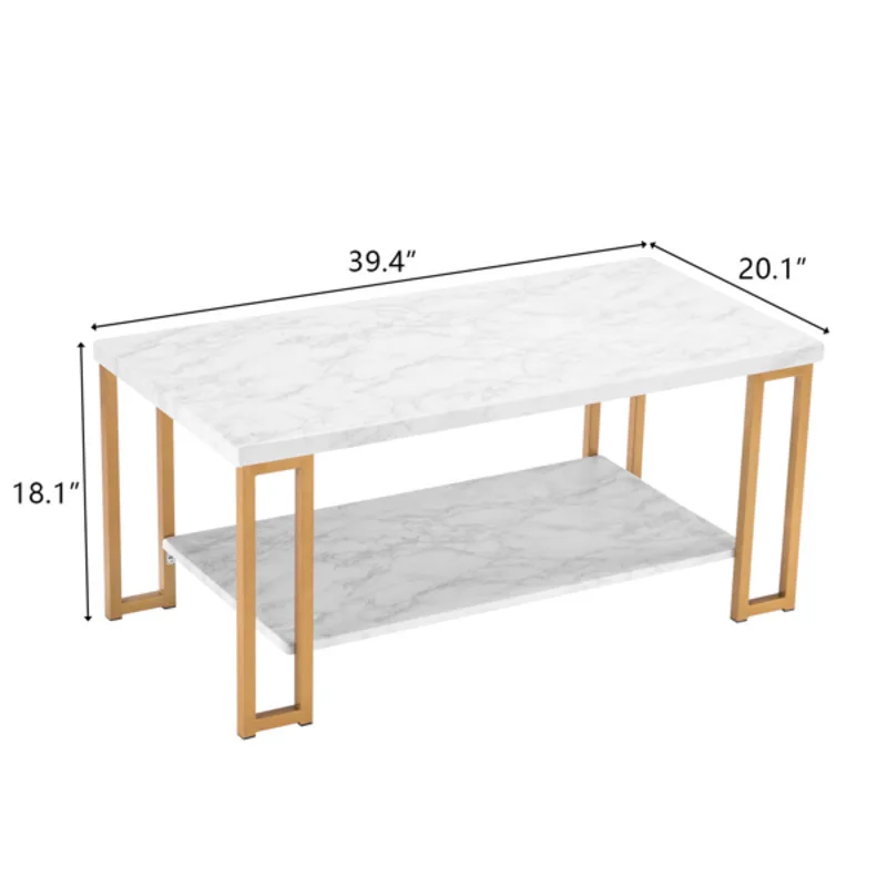 Double Layer Square Frame Leg Coffee Table  Rectangular  Density  Board  Iron  Imitation  Marble  White  Tabletop  Gold  Paint