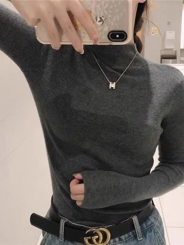

Женская облегающая трикотажная базовая кофта с высоким воротником, глубоким вырезом, для весеннего сезона, повседневная, в корейском стиле, внутренняя одежда, из мягкой шерстяной смеси