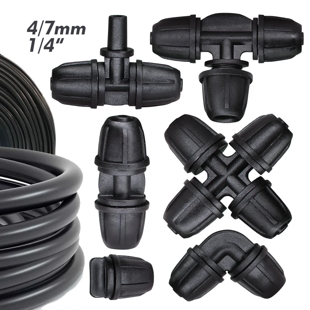 

1/4'' 4/7mm Snap-On PVC Hose Quick Connector Barb Joint Anti-Slip Tee Straight Elbow 4-Way End Cap Garden Irrigation Accessories