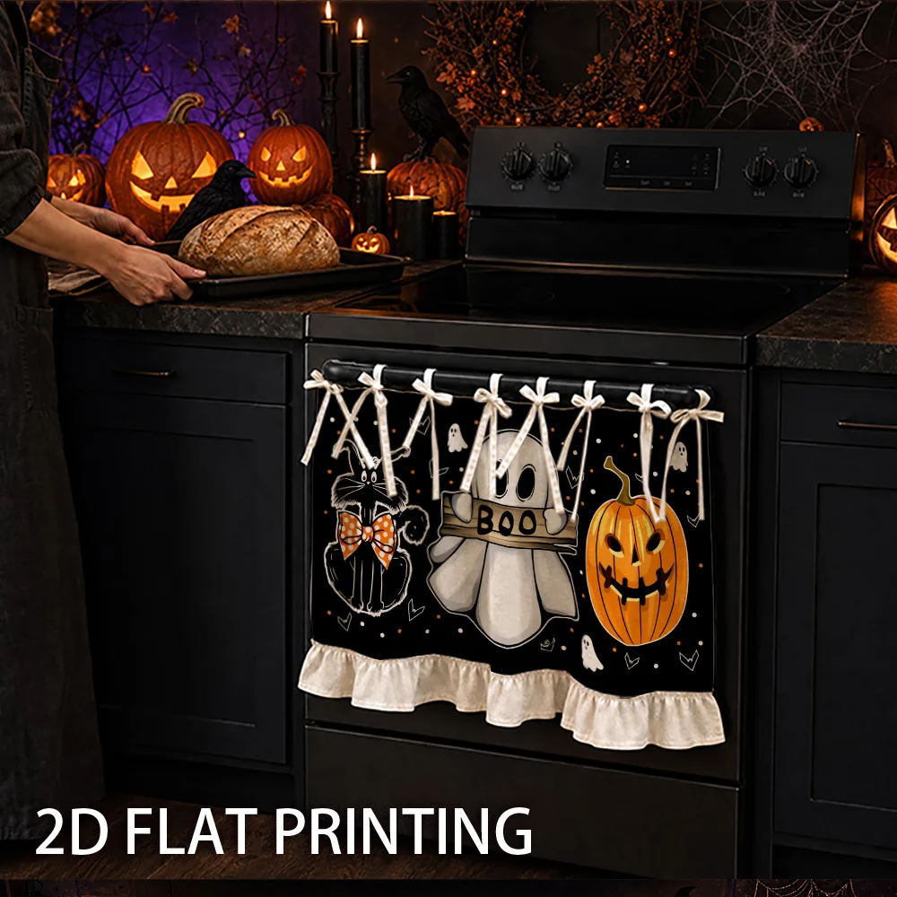 1PC Kitchen stove Curtain, Cabinet Curtain, Apron. Featuring a 2D graphic print design with ghost, black cat and pumpkin motifs.