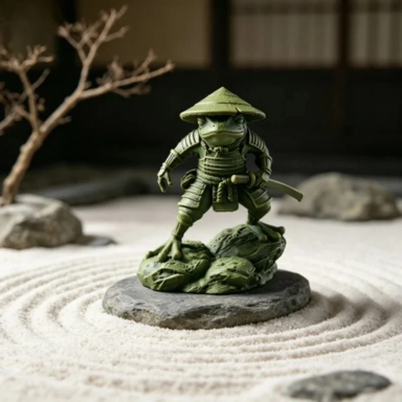 3D Samurai Frog Statue with Retro Bamboo Hat Armor Japanese Warrior Frog Desktop Figurine Study Tea Table Entryway Decorative