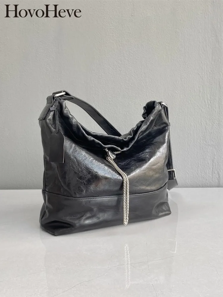 

Casual Single Shoulder Bag Women Genuine Leather Hobos Bag Chain Fashion Large Capacity Oil Wax Cowhide Female Crossbody Handbag