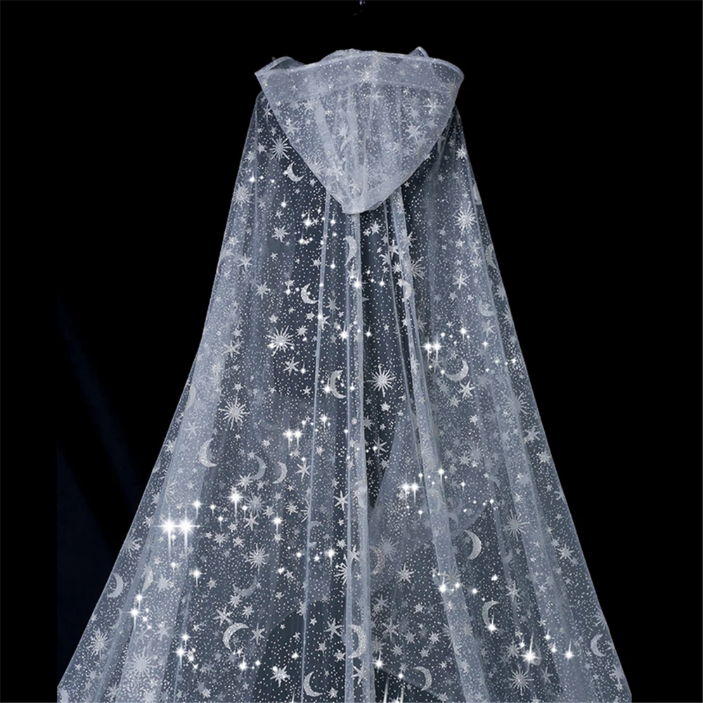 Bling Bridal Veil Wedding Cape White Sparkly Glittering Stars Moon Long Cathedral Sequined Shawl Hooded Veil for Bride Cloak