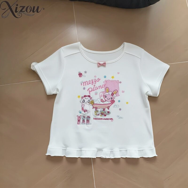 Japanese Rabbit Bear Print Short Sleeve Top Y2K Kawaii Japanese Summer Tee O Neck Crop Cute Sweet Kawaii Summer 2026 Cartoon