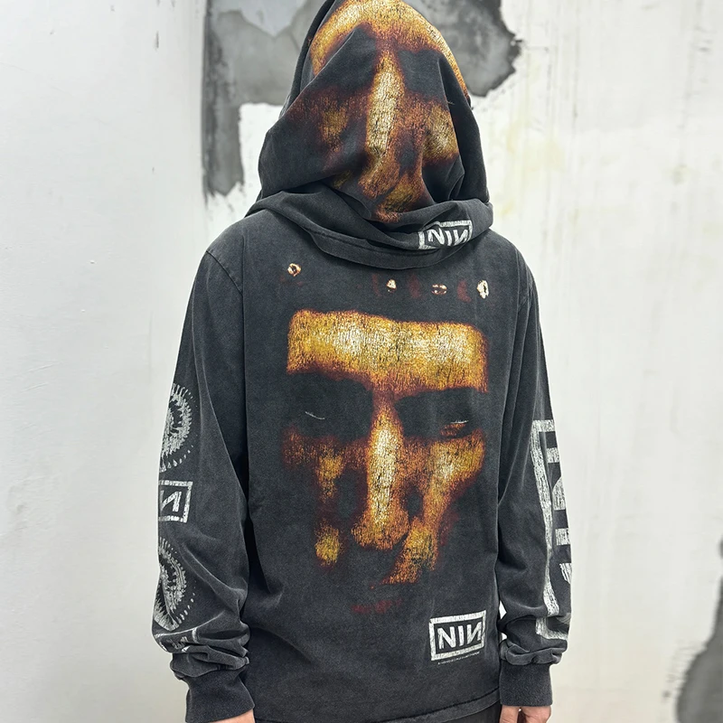 خمر غسلها الأسود المتضخم سانت قاعدة تي شيرت الرجال النساء متصدع الرسومات خطابات شعار تسعة بوصة مسمار كم طويل تي شيرت