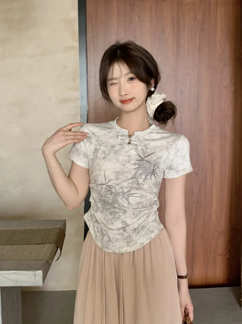 Miiiix kaus lengan pendek untuk wanita, kaos kerah berdiri Retro bordir celup ikat Tiongkok lengan pendek musim panas 2024, atasan pelangsing baru