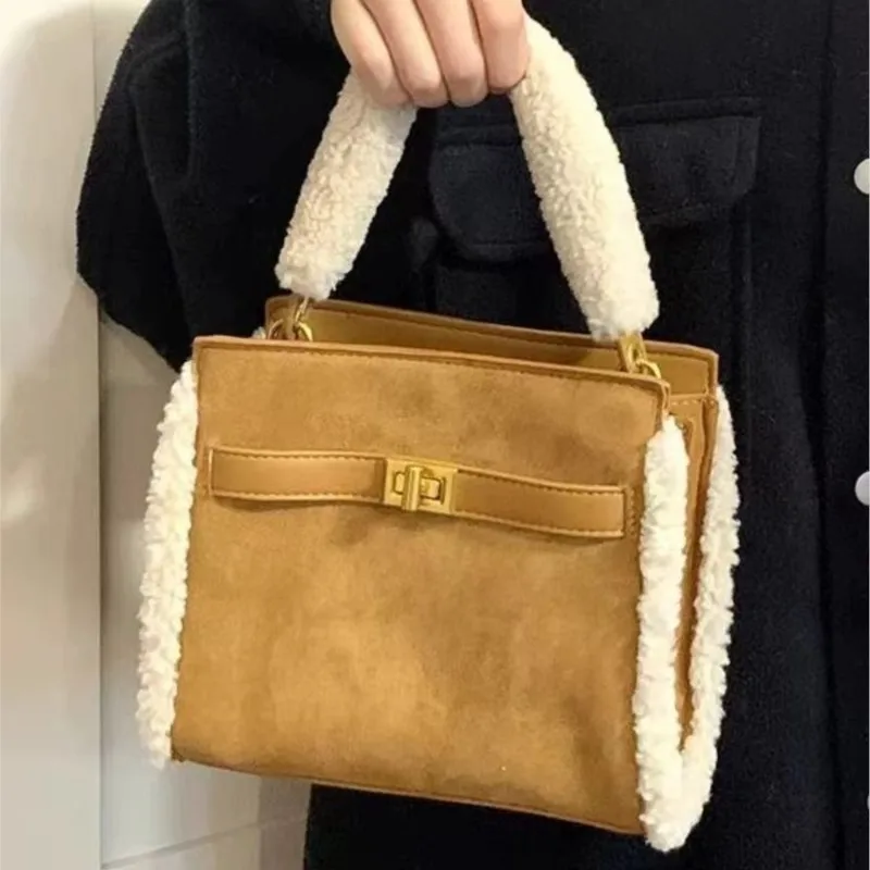 

JIAERDI Ретро матовая плюшевая большая сумка женская с квадратным замком большая вместительная сумка на плечо женская модная универсальная повседневная сумка через плечо