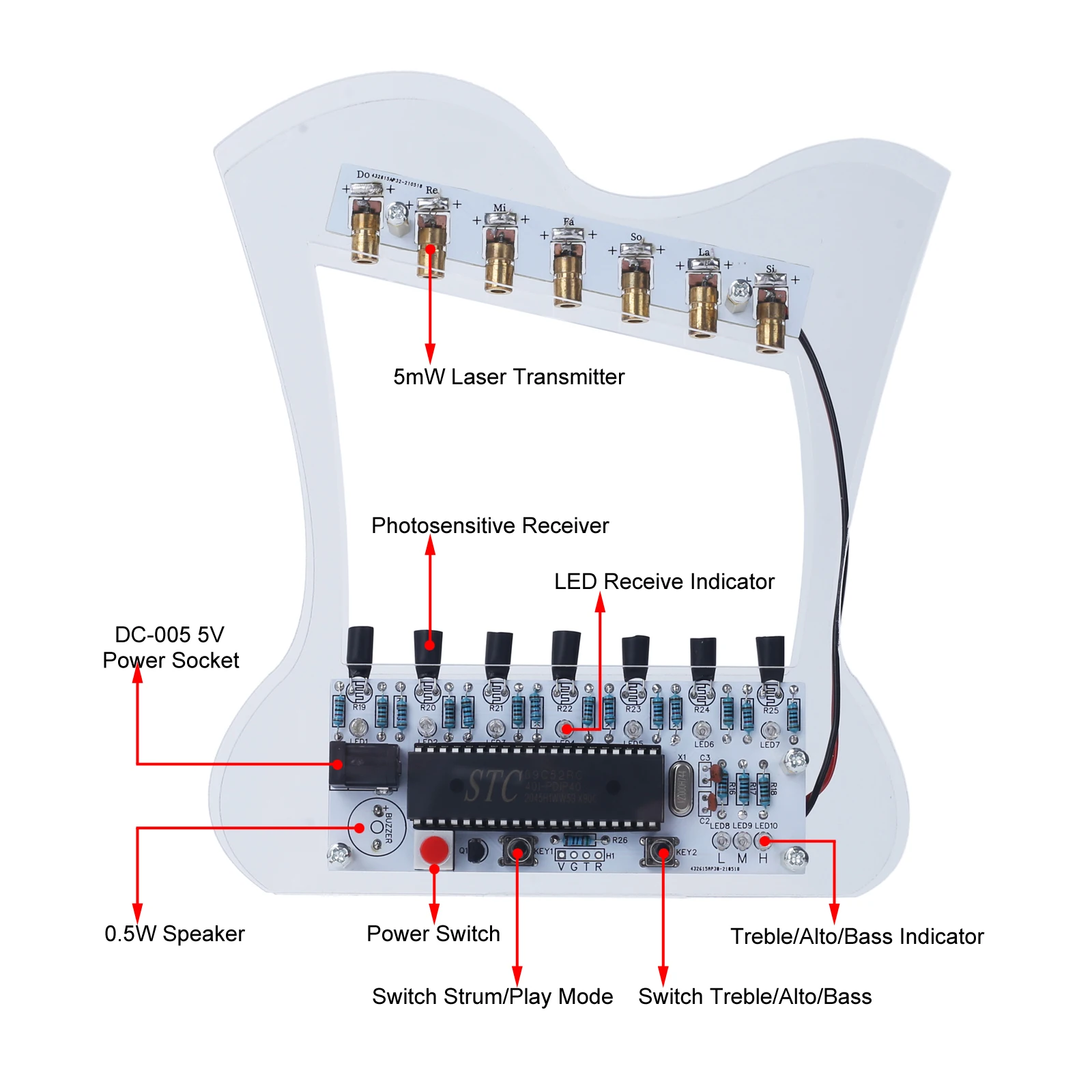DIY Electronic Kit Laser Piano 7 String Lyre Harp Instrument Music Player Soldering Project Practice for Student Education STEM