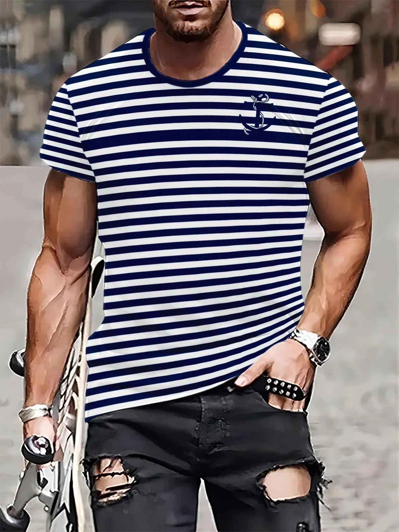 New men's short-sleeve T-shirt, loose-fitting and tailored with printed designs, versatile basic crew-neck top suitable for spri